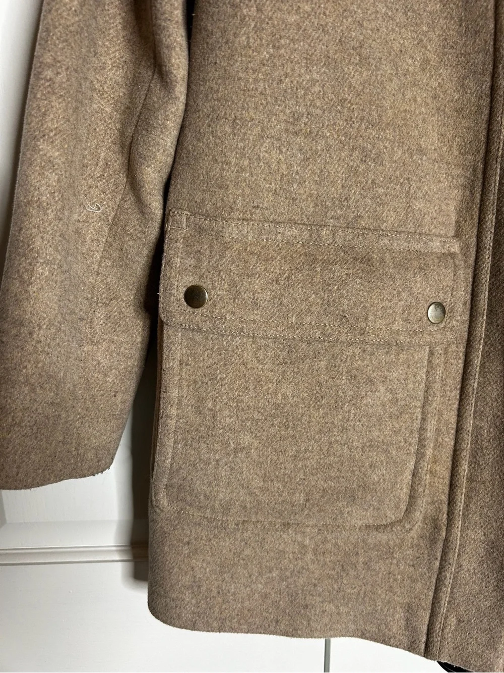J. Crew Taupe Hooded Wool-Blend Trench Coat with Faux Fur Trim